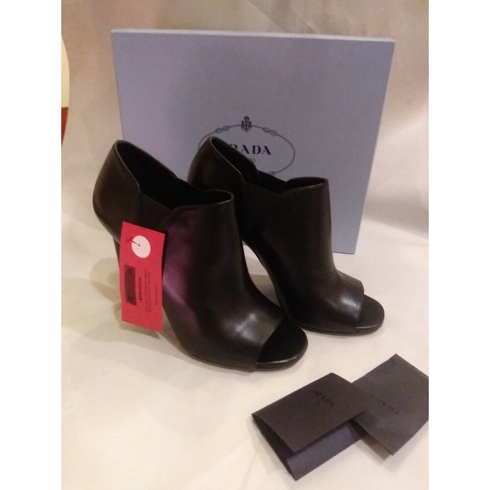 Authentic Black Leather Peep Toe Ankle Boots Size 40 US Size 10 Italy